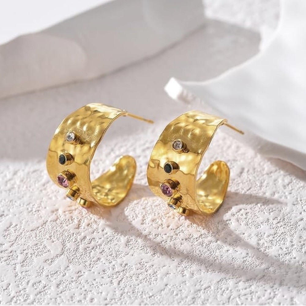 New FP 18KGP Hammered CZ Hoop Earrings - Picture 9 of 11